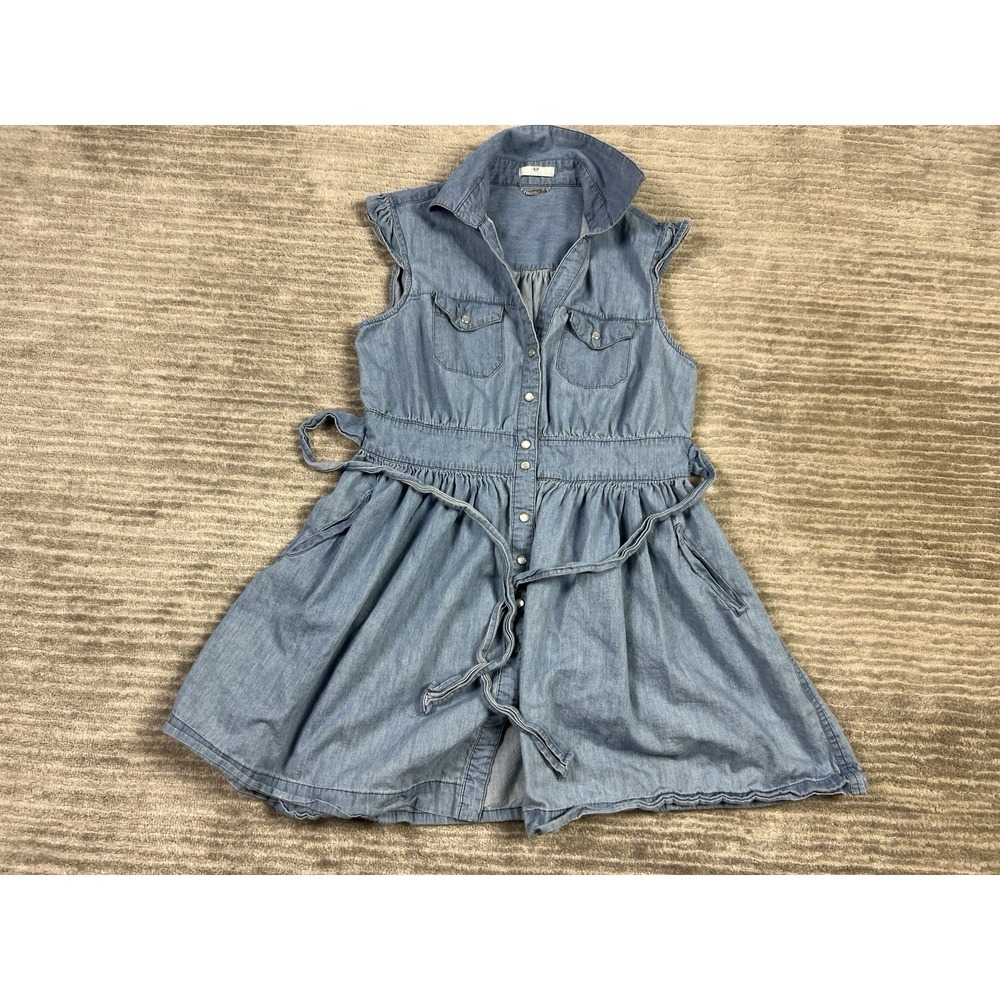 Ali & Kris Dress Womens `Medium Blue Chambray Pearl Snap Pockets Belted Cotton